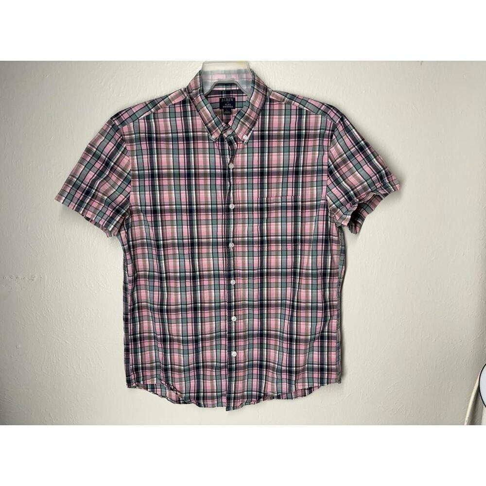 J Crew Re-Imagined Mens L Pink & Blue Plaid Button Down Short Sleeve
